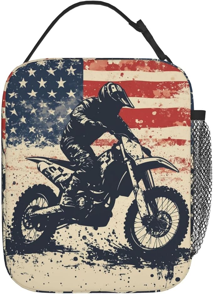 Dirt Bike Lunch Bag for Women Men Adults, Insulated Lunch Box for Work, Sports, Travel, Picnic,Hiking, Fishing, Motocross American Flag Theme Lunchbox Gifts