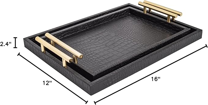 Set of 2 Modern Elegant Large Wood Serving Tray, Rectangle Decorative Tray Ottoman Tay Coffee Table Tray, Black Crocodile Leather with Gold Polished Metal Handles
