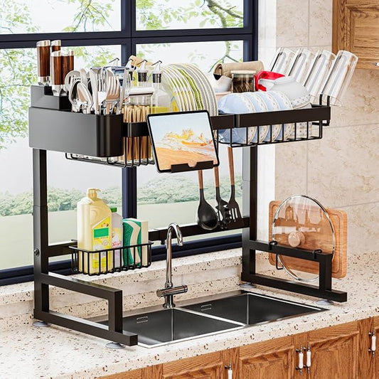 ilvvan Over Sink Dish Drying Rack (Expandable Height/Length) Snap-On Design Large Dish Drainer Storage Counter Organizer 24" - 35.5"(L) x 12"(W) x 19" - 22"(H)