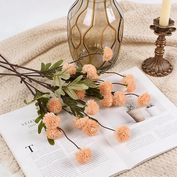 Artificial Pompon Mum Stems Silk Decor Champagne 20 Inch Set of 4