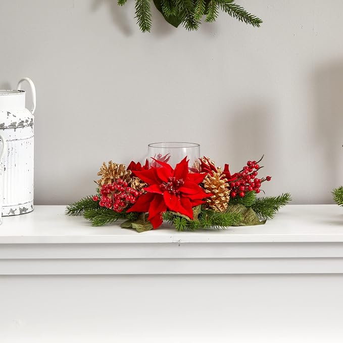 Nearly Natural Poinsettia, Berry and Golden Pine Cone Candelabrum Artificial Silk Arrangements Red 6"D x 14"W x 14"H