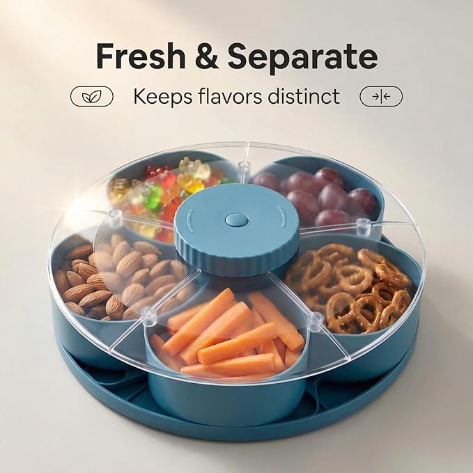 Divided Serving Tray That Spins - Perfect for Snacks, Dips & Party Appetizers, Rotating Snack Box Container with Lid, Lazy Susan Organizer Veggie Fruit Tray for Kitchen,Travel and Picnic (Pink)