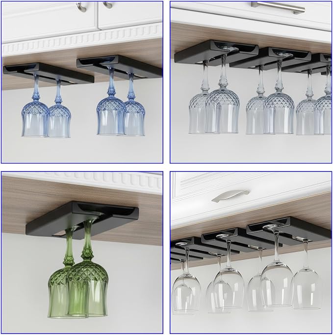 8 Pack Wine Glass Holder Under Cabinet Rack - Black Plastic Stemware Hangers for Kitchen, Bar, Restaurant Storage - Space Saving No Drill Installation