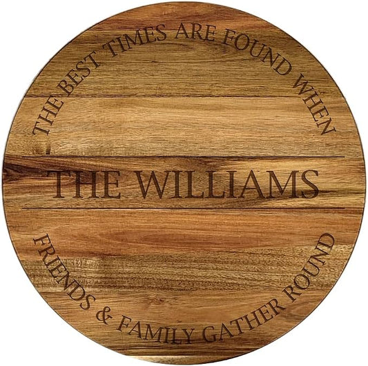 Engraved Gather Round Personalized Lazy Susan, 16" Rotating Tray Brown