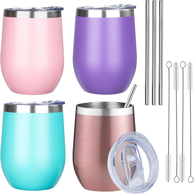 MEZMUT 12oz Insulated Wine Tumbler with Lid Double Wall Vacuum Stainless Steel Wine Glass Coffee Mug Insulated Tumbler Cup for Champaign, Cocktail, Beer (Multi,4 Pack)