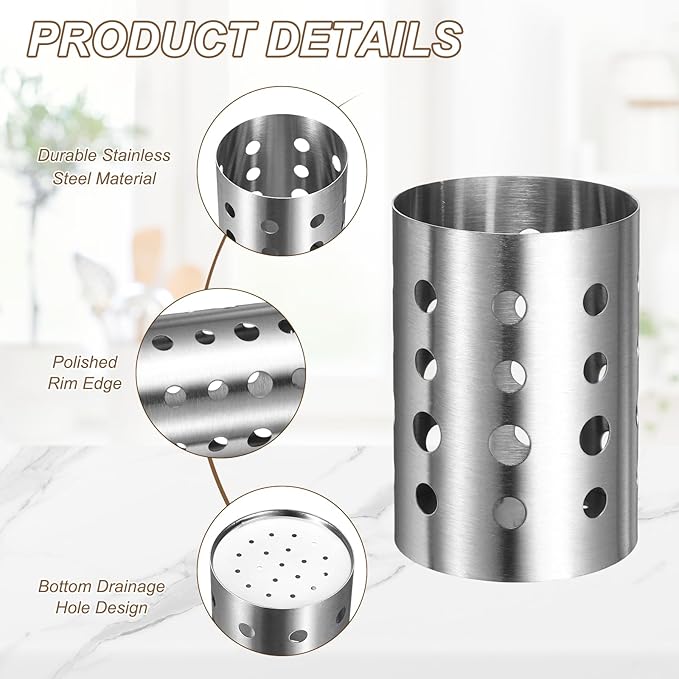 uxcell Kitchen Utensil Holder, 3.9x5.5 Stainless Steel Utensil Cutlery Holder Round Flatware Organizer with Drain Hole for Kitchen Restaurant Countertop Straw, Spoon, Chopstick, Silver