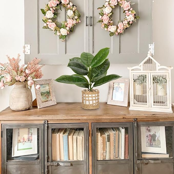Briful Fake Plants Potted Plant Artificial Realistic Houseplant in White Ceramic Vase Wrapped Woven Pot, Fiddle Leaf Fig Faux Plant Indoor for Home Farmhouse Wedding Living Room Shelf Decor