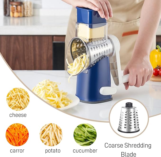 Weltonhm Rotary Cheese Grater with 4 Blades, Large Hand Crank Cheese Grater with Waffle Slicer, Blue Cheese Shredder with Suction Base, Easier for Shredding& Grating (Blue, 4 Graters)