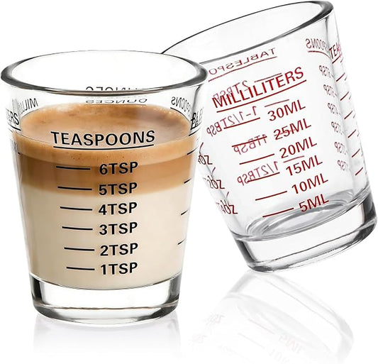 Shot Glasses Measuring Cup Set 2PACK Espresso Shot Glasses Liquid Heavy Glass 26-Incremental Measurement 1 OZ, 2 TBS, 6 TSP, 30 ML Kitchen Tools (Black&RED)
