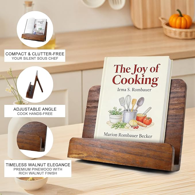 Heavy Duty Cookbook Stand for Kitchen, Recipe Book Holder for Kitchen Counter, Easily Keeps Cook or Recipe Books Open for Convenient Cooking, Rustic Cook Book Holder Stand (Rustic Brown)