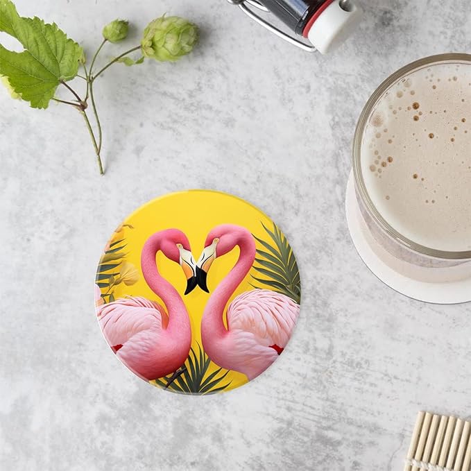 Flamingo Pineapple Butterflies Palm Leaves Pattern Set of 4 Ceramic Coasters with Holder,Absorbent Drink Bar Coasters,Table Coasters