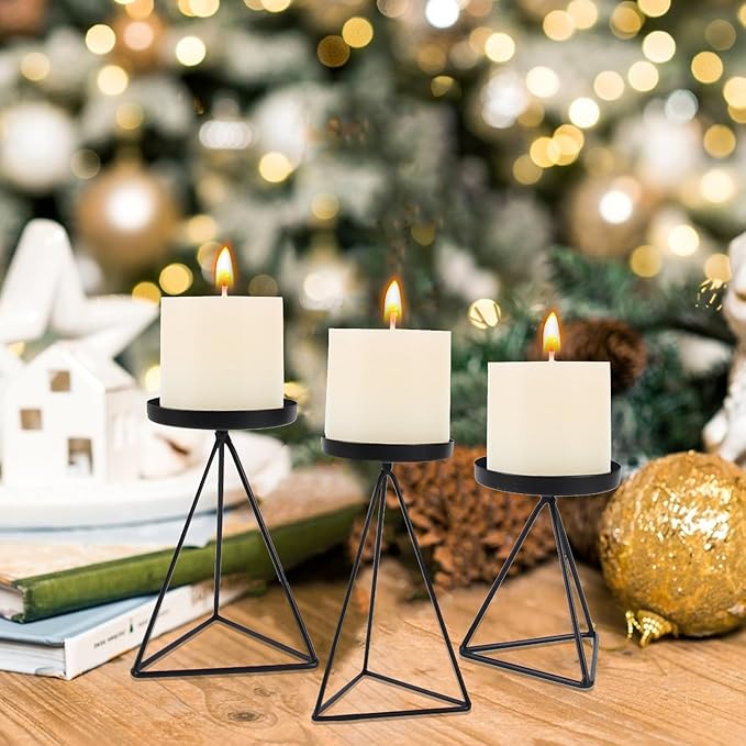 3 PCS Geometric Candle Holders for Pillar Candles Black Metal Pillar Candle Holder Vintage Candle Stands Table Centerpiece for Wedding Christmas Home Decoration
