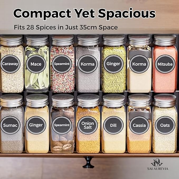 28-Jar Spice Rack Organizer with 4-Tier Metal Stand | Complete Set with Glass Jars, Labels & Funnel | Space-Saving Kitchen Spice Storage (Wall or Countertop Mount)