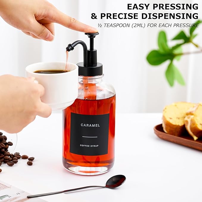 Coffee Syrup Dispenser for Bar, Glass Syrup Bottle with Pump, Coffee Pump Dispenser Bottle, Spoon for Station,16.9 oz, 500 ml