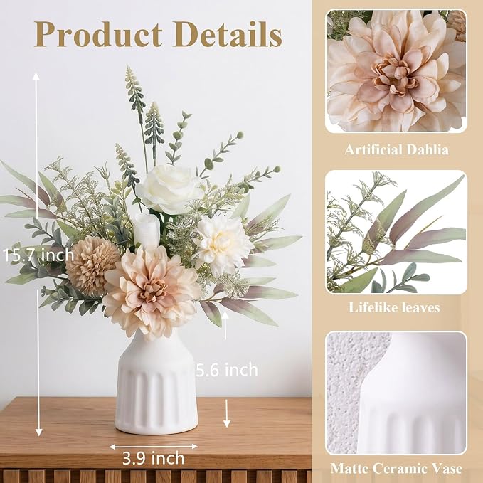 Fake Flowers in Vase, Artificial Flowers with Vase, 15.7'' Floral Arrangements for Dining Table Centerpiece Decor, Silk Roses & Faux Dahlia Bouquet for Farmfouse Kitchen Coffee Table Decor (Brown)