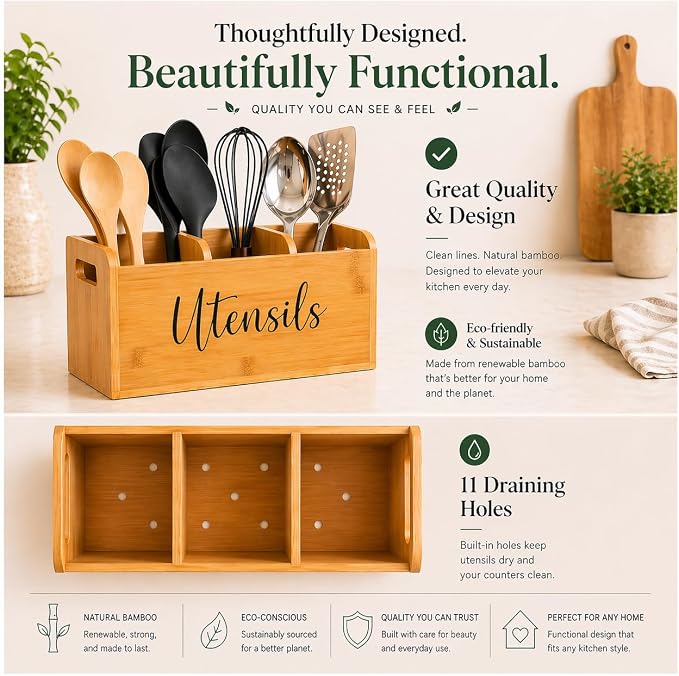 Bamboo Kitchen Utensil Holder for Countertop – Large 3-Compartment Cooking Utensil Organizer & Caddy with Drain Holes, Farmhouse Bamboo Holder for Kitchen Counter, Wood Storage for Spatulas & Spoons