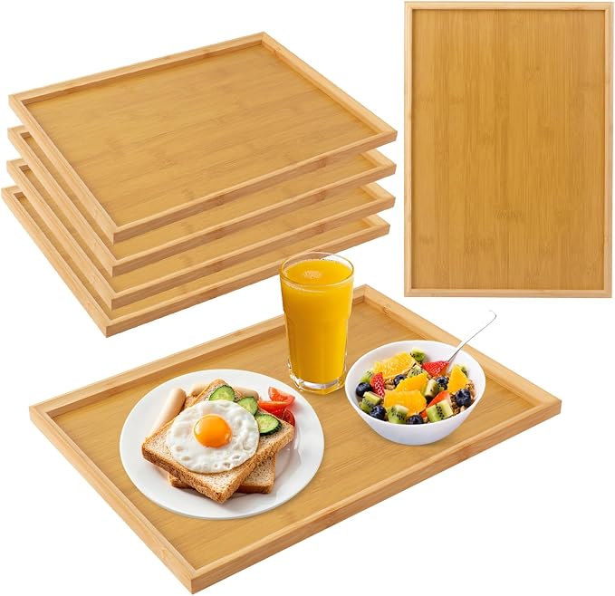 6 Pack 16.4 x 11.6 x 0.9 Inch Bamboo Serving Tray with Handles, Rectangular Wooden Breakfast Tray, Decorative Coffee Platter for Serving Food, Kitchen, Living Room, Picnic