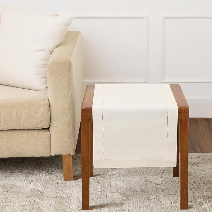 Solino Home Ivory Table Runner 36 Inches - Cotton Linen Hemstitch Coffee Table Runner 14 x 36 Inch Ideal for Dresser Tables - Spring, Summer