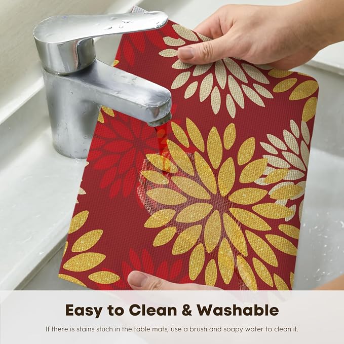 Artoid Mode Floral Vinyl Placemats Set of 4, 12x18 Inch New Year Washable Non-Slip Plastic Vinyl Place Mats for Party Kitchen Dining Decor, Red