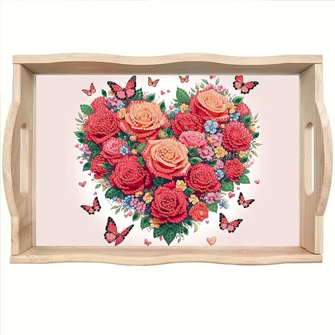 BAYUNOE DIY Diamond Serving Tray Rectangular Wooden Breakfast Tray with Handle Handmade Diamond Art Painting Spring Creative Dinner Plate Coffee Room Living Home Organizer-Rose Heart