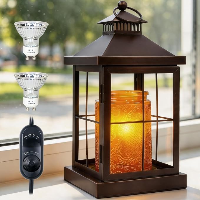 Candle Warmer Lamp with Timer,Compatible with 3 Wick Candles Jars,Vintage Candle Warmer Lantern Lamp,Dimmable Farmhouse Candle Lamp Warmer,Fully Enclosed and Hanging Up Designed-Coffee