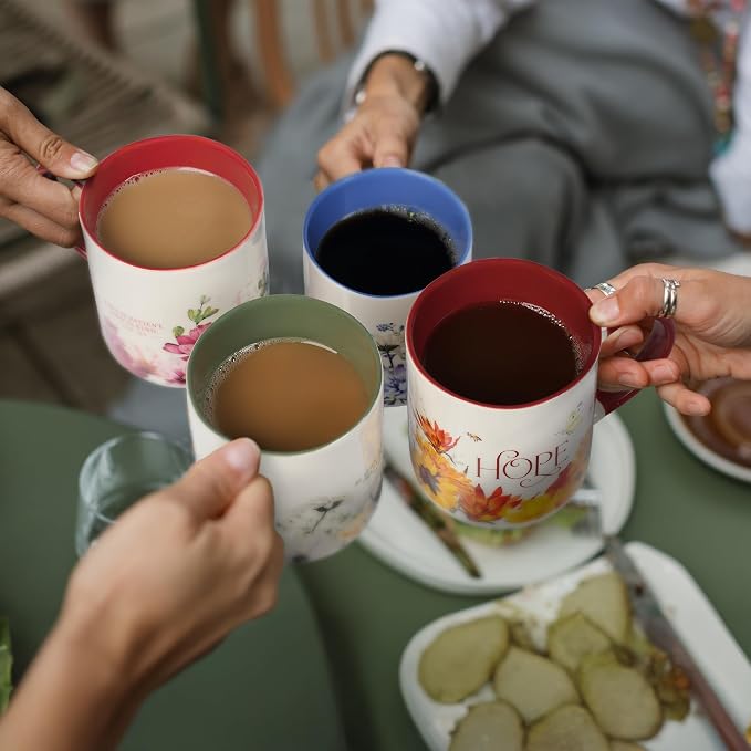 Christian Art Gifts Novelty Inspirational Scripture Ceramic Coffee & Tea Mug Set for Women: Love, Pray, Hope & Be Still, Multicolor Florals, Microwave & Dishwasher Safe Drinkware, Four 12 oz. Cups