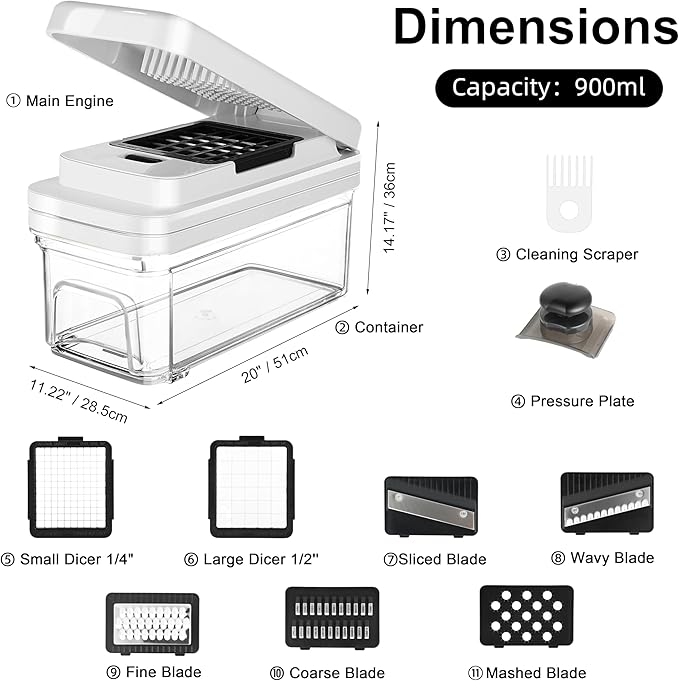 Vegetable Chopper, Professional Food Chopper &Onion Chopper, Veggie Cutter for Salad with 7 Blades and 900mL Container, Kitchen Gadgets & Gift, Home Essentials