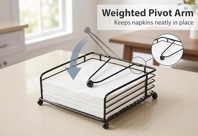 2Pack Napkin Holder for Table, Flat Napkin Dispenser with Weighted Arm, Square Cocktail Paper Holder of Elegant Rustic Iron for Kitchen Dining Room Decor Restaurant Farmhouse Hotel Party, Black