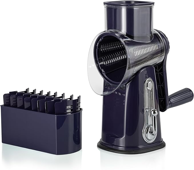 5-in-1 Rotary Cheese Grater with Handle – Stainless Steel Blades, Vegetable Slicer & Shredder, Nut Grinder, Carrot & Cabbage Grater, Easy-to-Clean Kitchen Tool (Purple)