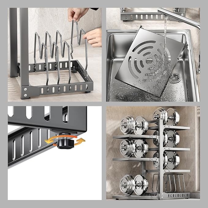 Adjustable Pots and Pans Organizer under Cabinet No Drill Storage Rack Pan Pot Organizers inside Cabinet 16.5" Height Kitchen Organization for Cookware (White)