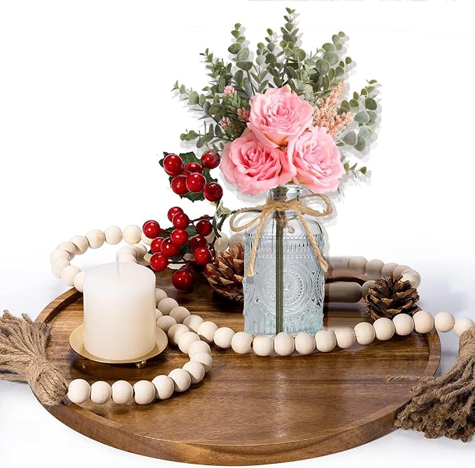 Fake Flowers with Vase, Silk Roses Artificial Flowers in Vase, Faux Flower Arrangement with Vase Suitable for Home Office Decoration, Dining Table Centerpiece (Pink Faux Flower+Bead Garland)