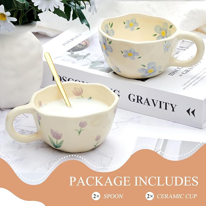Vesici 2 Pcs Ceramic Coffee Mugs with Spoon, Vintage Floral Spring Mugs with Handle, 8.5 oz Aesthetic Flower Porcelain Tea Cup Set, Dishwasher & Microwave Safe Mothers Day Gifts for Mom(Vibrant)