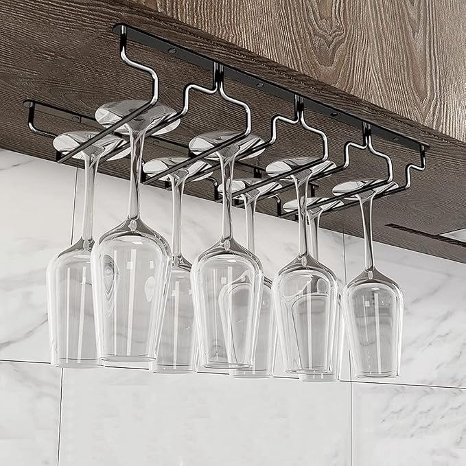 Black Wine Glass Rack - Under Cabinet Stemware Rack, Holds up to 14 Glasses, Hanging Stemware Holder, Stainless Steel Glasses Storage Hanger for Home Kitchen Bar