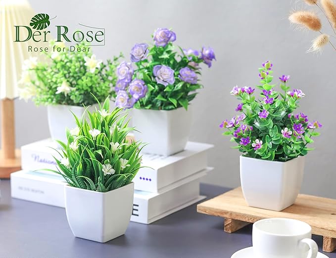 Der Rose 4 Pack Small Fake Plants Mini Artificial Faux Plants Indoor with Flowers Spring Decorations for Home Room Farmhouse Desk House Bathroom Decor