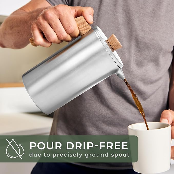 WALDWERK French Press (34 oz) - Non-Toxic Stainless Steel Double Wall French Press Coffee Maker - Plastic Free Coffee Press with Oak Wood Handle - No Plastic