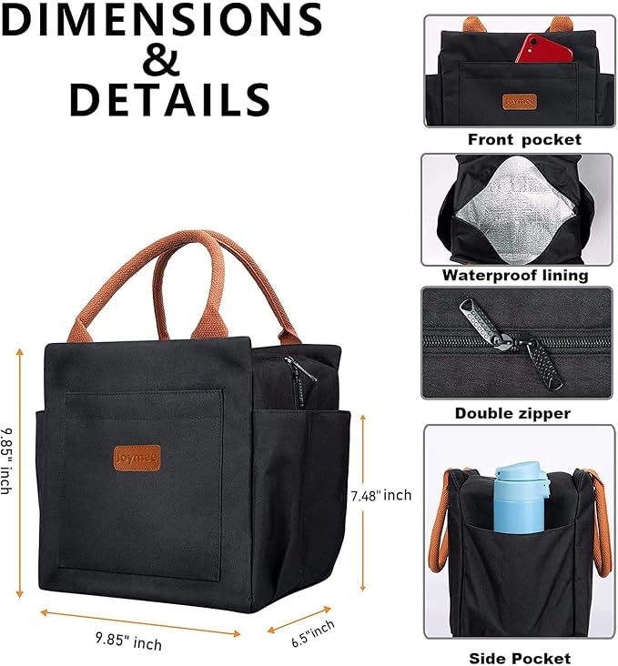 Joymee Insulated Lunch Bag For Women Reusable Leakproof - Black | Large Capacity, Bottle Holder & Side Pockets, Leakproof Insulated Design, for Work, Travel, Picnic & Daily Use, for Adult