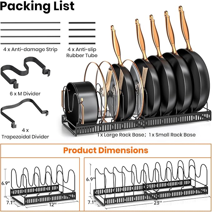 MUDEELA 8-Tier Heavy Duty Adjustable Pots and Pans Organizer and 10 Expandable Pans Organizer Rack for under Cabinet Bundle