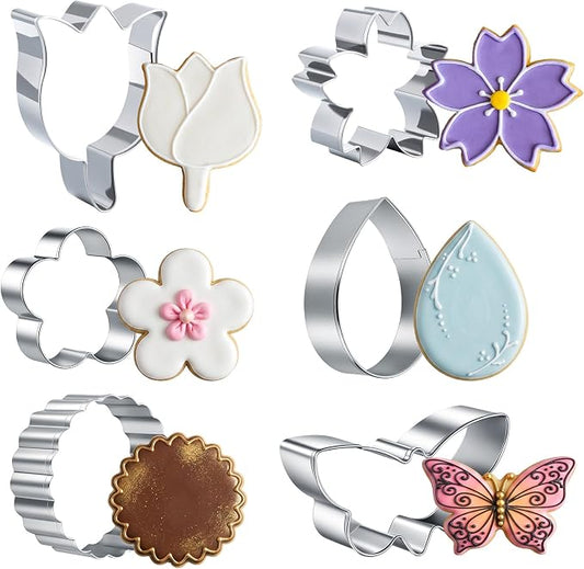 6pcs Flower Cookie Cutter Set Stainless Steel Spring Cookie Cutters Summer Butterfly Tulip Flower Biscuit Fondant Molds for Christmas Home Baking Tool Party Favors