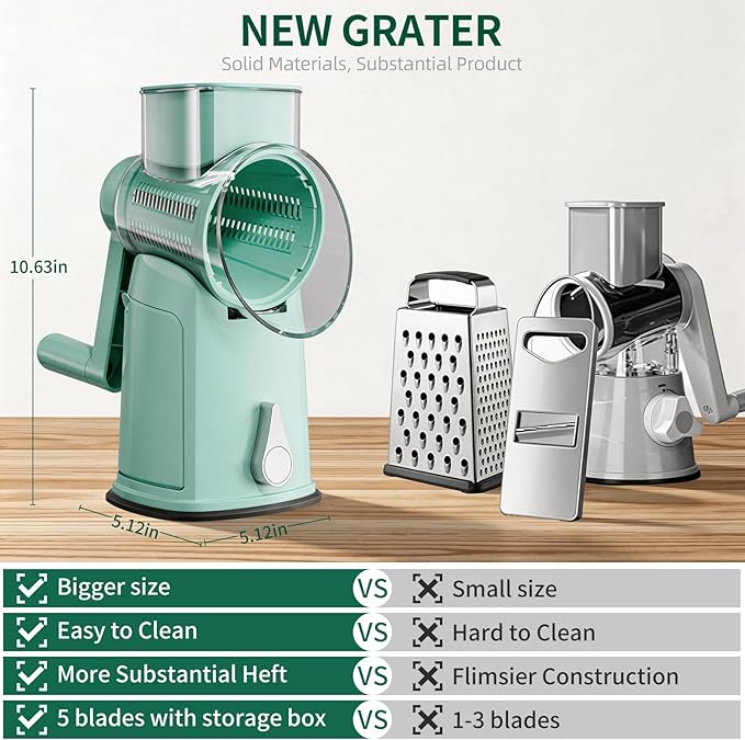 The CoveCarol rotary cheese grater comes with 5 blades and 3 tools: a round mandolin slicer and a food shredder. Suitable for fruits, vegetables, nuts, etc., it includes a blade storage box. (Green)