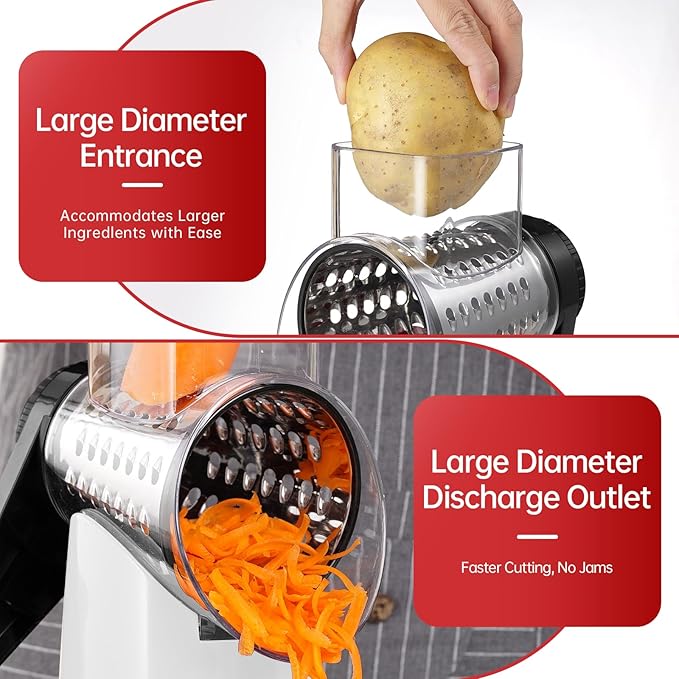 Rotary Cheese Graters with 4 Blades, Hand Crank Cheese Grater with Waffle Slicer, Red, Black and White Cheese Shredder with Suction Base, Easier for Shredding & Grating (White)