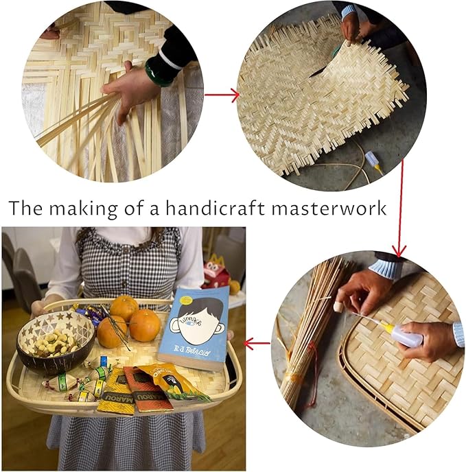 Set of 4 pcs Rectangular Bamboo Wicker Serving Trays with Handles, Handwoven Coffee Trays for Coffee, Breakfast, Bread, Food, Dish and Decorative Trays for Dining Table