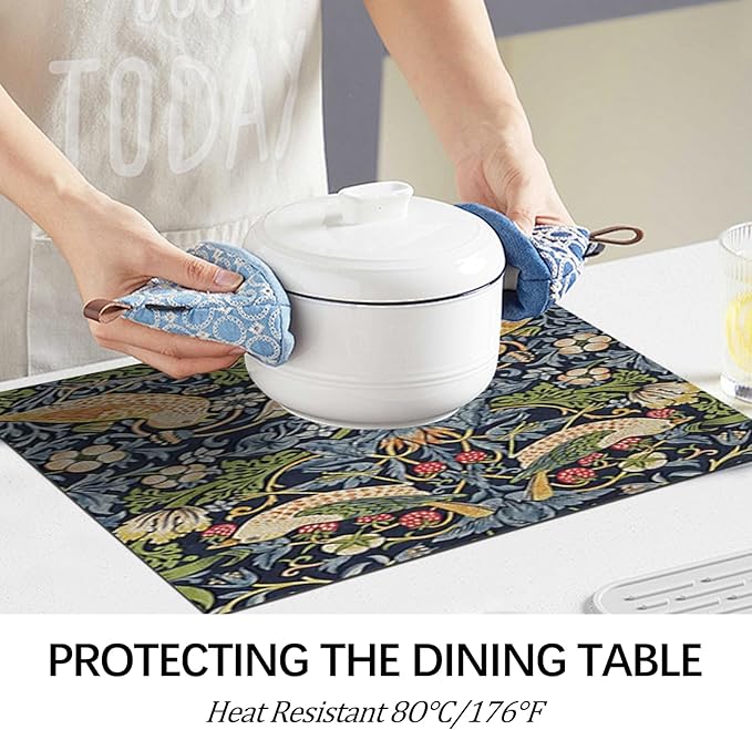 William Morris Placemats Set of 6 Vintage Floral Birds Strawberry Washable Heat Resistant Place Mats for Dining Table Anthropologie Cottagecore Linen Woven Wipeable Table Mats 11.8"X17.7"