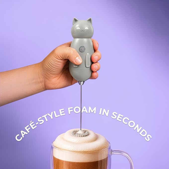 Zulay Kitchen Cat Milk Frother Wand – Cutesy Frother, Meet Your New Frothing Buddy Storm The Cat, Adoption Papers and Stickers Included, Purrr-fect for Lattes, Cappuccino & Matcha – Gray