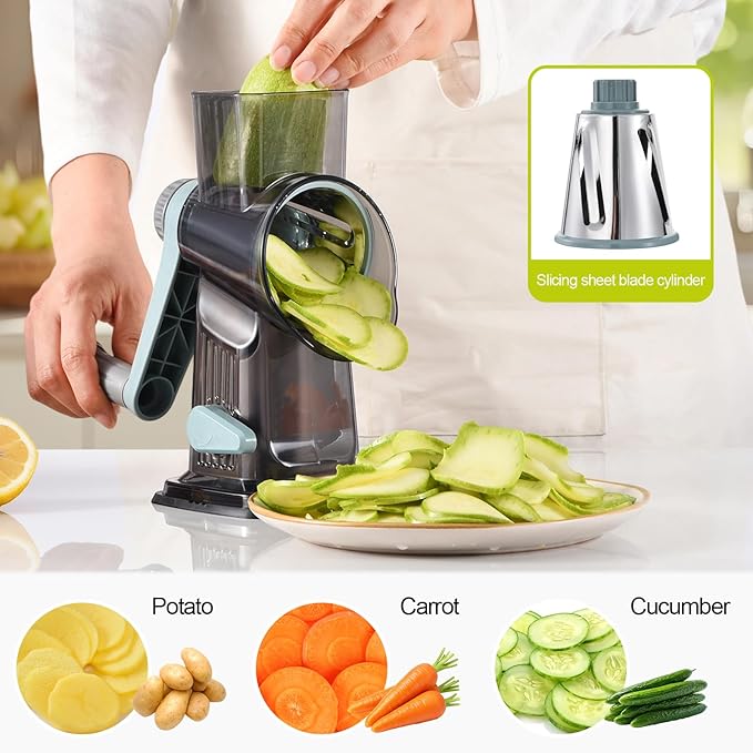 Rotary Cheese Grater, 3-in-1 Shredder for Cheese Vegetables Nuts with Hand Crank - Interchangeable Stainless Steel Blades, Strong Suction Base, Finger-Safe Design, BPA Free, Blue