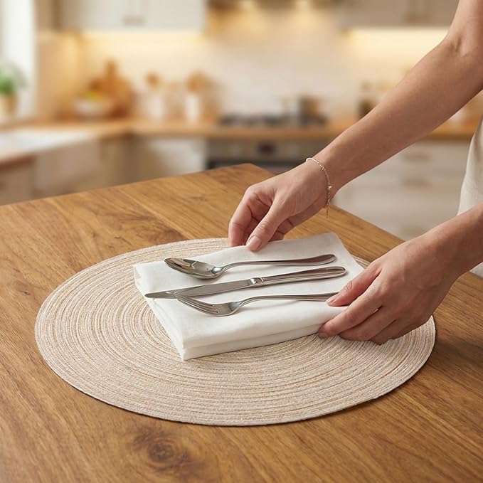 AHHFSMEI Round Braided Placemats Set of 6 Woven Table Mats for Dining Table Heat Resistant Easy to Clean Perfect for Kitchen & Home Decor (Beige)