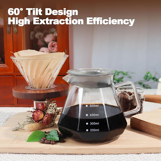 Pour Over Coffee Maker 20.3oz Portable Glass Coffee Maker High Borosilicate Glass Eagle Beak Spout Design with 100 Pcs Filter Paper Walnut Wood Base for Pour Over for Daily Brewing 600ml