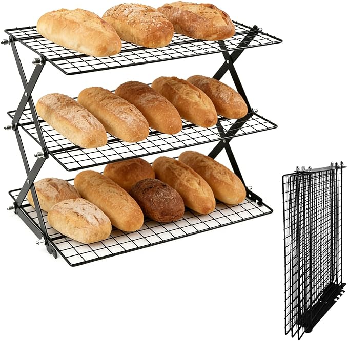 3 Tier Collapsible Cooling Rack with Adjustable 6 Setting Design stackable wire rack for baking sheet for Cookies Baking Gifts for Women (Black, 3-Tier)