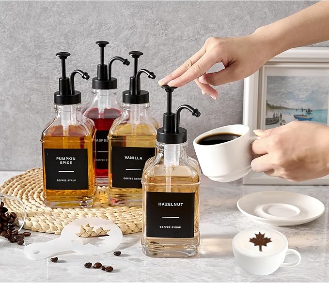 Coffee Syrup Dispenser for Bar, Glass Syrup Bottle with Pump, Coffee Pump Dispenser Bottle with Tray, Spoon for Station,16.9 oz, Black, 500 ml