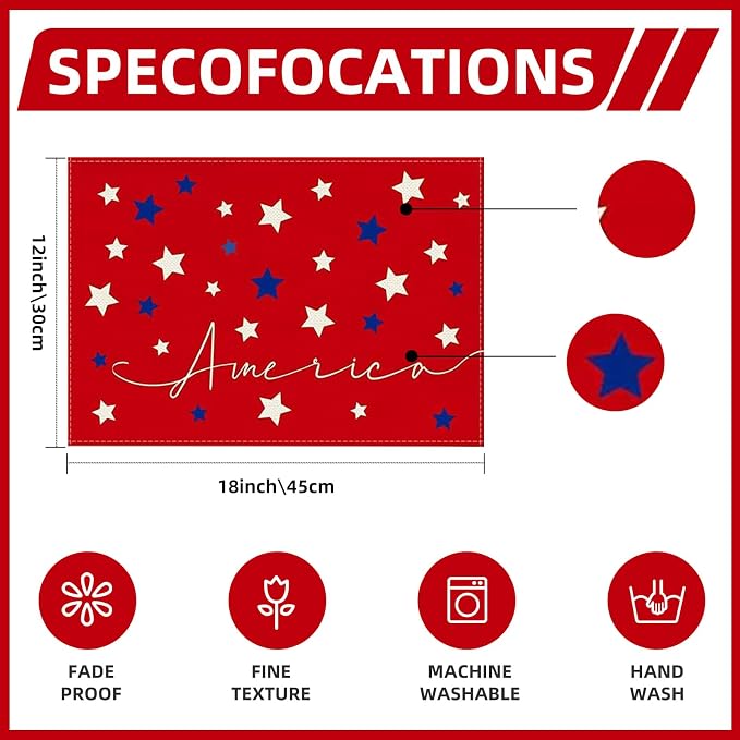 Niviy 250th Anniversary USA Placemats, Red Blue Stars Fireworks Patriotic Placemats Set of 6, 12x18 Inch Memorial Day Independence Day Table Mats for Holiday Party Kitchen Dining Room Decoration