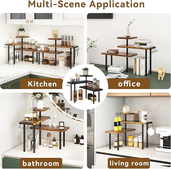 IBUYKE Kitchen Countertop Organizer,Set of 2,3-Tier Wooden Spice Racks,Bathroom Counter Organizer,Rotating Adjustable,Corner Shelf for Kitchen,Coffee Bar, Cabinet, Desk,Rustic Brown,TLJ023H-2